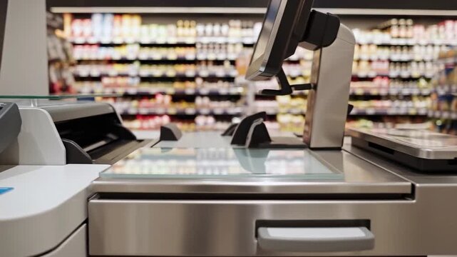 Cashless retail payment station with card reader machine, touch screen monitor, and barcode scanner at modern grocery store