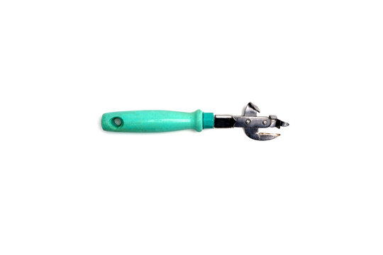 Vintage manual can opener turquoise wooden handle isolated