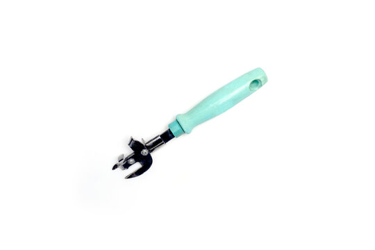 Vintage diagonal turquoise wooden handle manual can opener