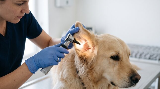 Veterinarian examining a golden retriever dog's ear with an otoscope