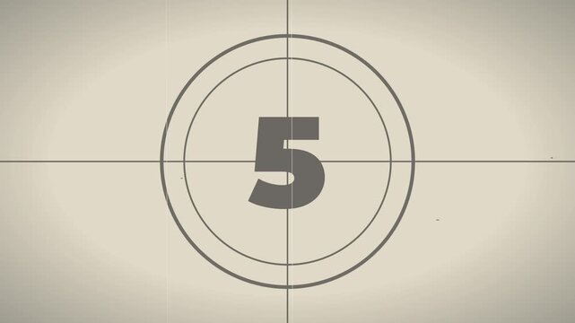 Vintage film leader countdown from 10 to 1 with crosshair sweep flicker dust and scratches for retro video intros