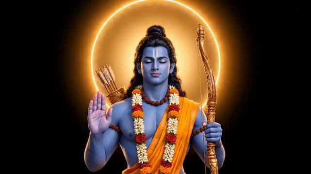 Blue-skinned Hindu deity raising palm with garlands, bow and halo