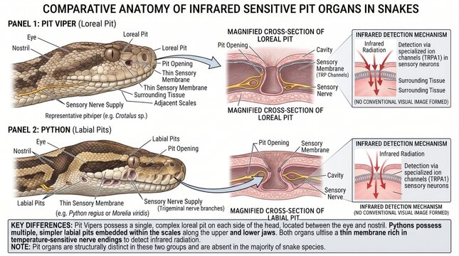 Diagram illustrating comparative anatomy of infrared sensitive pit organs in snakes