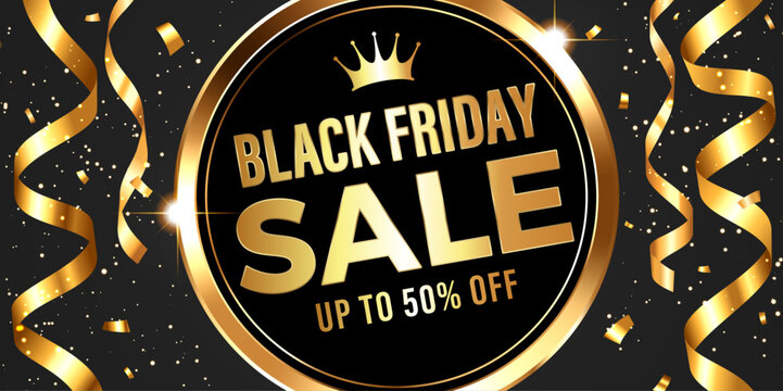 Black Friday sale banner background with luxury gold crown ribbon and confetti