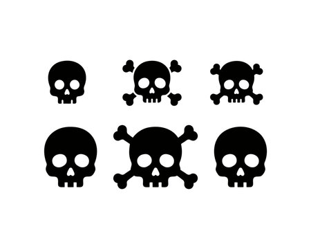 A collection of six black skull and crossbones icons