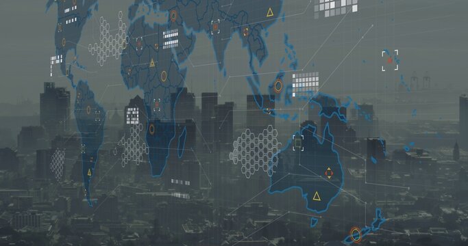 Projecting faint global map overlay over downtown skyline, showing hexagonal grids and node markers
