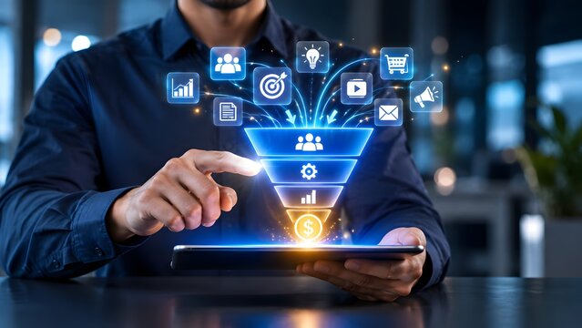 "Businessman interacting with digital marketing sales funnel hologram on tablet converting multichannel campaign traffic into qualified leads and revenue"