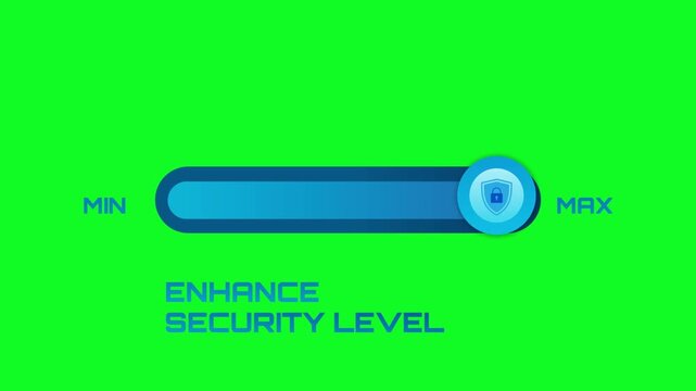 Enhance security level slider animation on green screen background with shield padlock knob, min to max progress bar, cyber security chroma key motion graphics