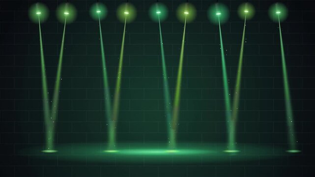Green stage spotlights with light beams on a dark brick wall background 4k video