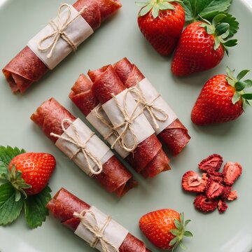 Strawberry fruit leather rolls - homemade chewy snack wrapped in parchment and twine on a pale sage green surface, top view. Wholesome for lunchbox ideas, health food shops, or snack packaging