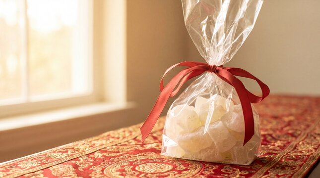 Cellophane bag of white candied winter melon with red ribbon