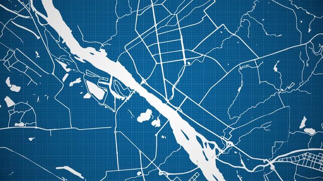 Ink reveal animation of Novosibirsk city, Siberia, Russia, grid map. Aerial top view. Blueprint style. White lines with blue background. 4K Seamless loop.