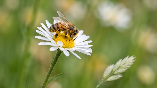 A busy honeybee delicately gathers sweet nectar from the bright yellow center of a blooming white daisy flower amidst a lush green meadow filled with vibrant spring foliage