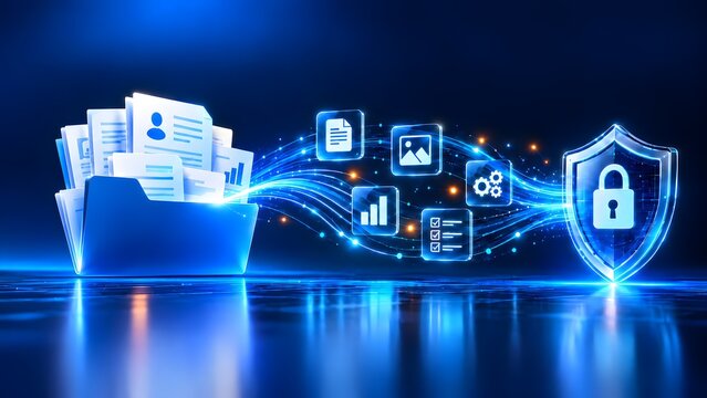 Secure file transfer and document encryption from folder to glowing cybersecurity shield with padlock protecting user profile analytics and checklist data"
