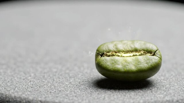 Macro view of single raw green coffee bean resting on gray mineral stone with subtle glowing crease and wide empty negative copy space