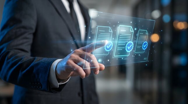 Businessman interacting with digital document approval interface