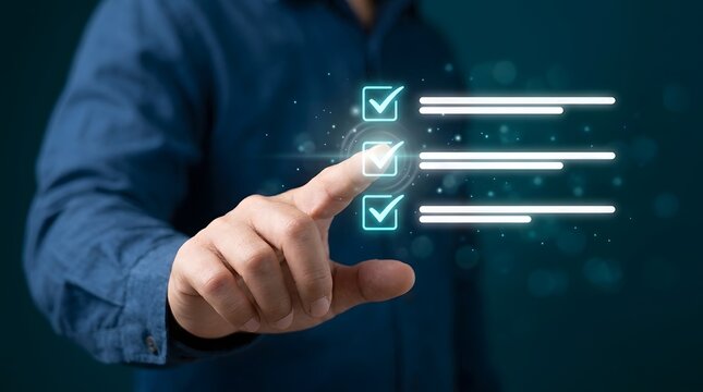Businessman checking virtual checklist boxes on futuristic interface