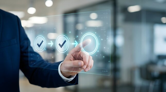 Businessman completing process workflow steps on digital virtual touchscreen interface