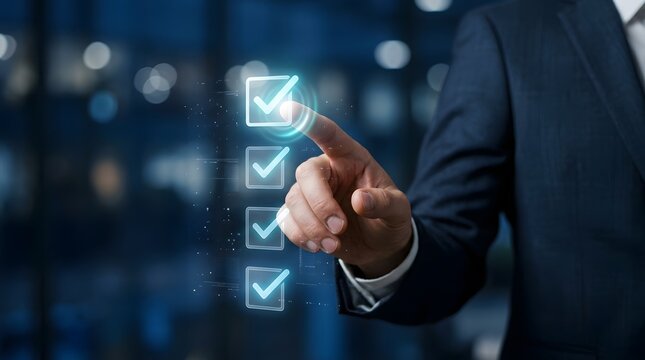 Businessman interacting with a digital checklist interface