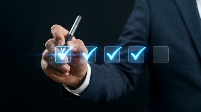 Businessman checking off items on a digital checklist