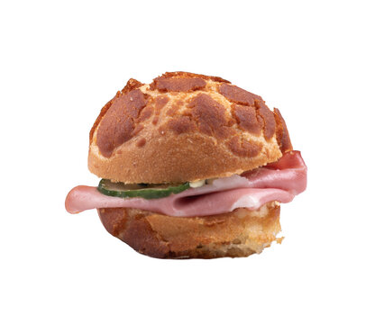 Side View of Mini Ham and Cucumber Sandwich on Tiger Bread Roll Isolated on Transparent Background