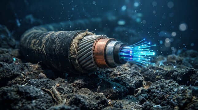 A cutaway subsea telecommunication cable resting on a dark rocky seabed, revealing insulated protective layers, steel armor, and glowing fiber optic cores pulsing with data lig
