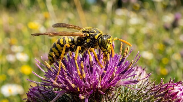 Macro view of an industrious stinging bug gathering dusty yellow spores on a vibrant wild weed bloom close up honey bee pollen dandelion flower spring bloom natural yellow bright wing