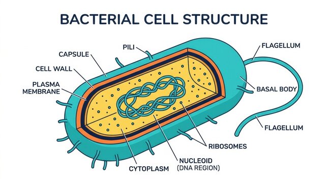 Educational diagram showing the anatomical structure of a bacterial cell with labeled internal with section illustration bacterium
