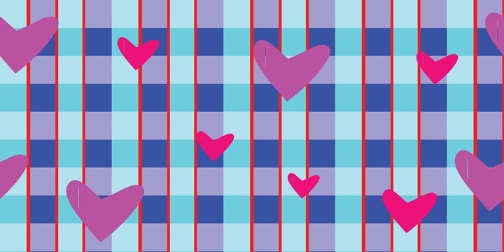 Pattern of pink hearts scattered over a blue and purple checkered grid background with wallpaper artistic decorative