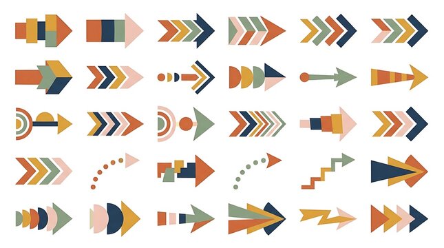 Geometric colorful arrow icons set in bohemian pattern style for creative design.
