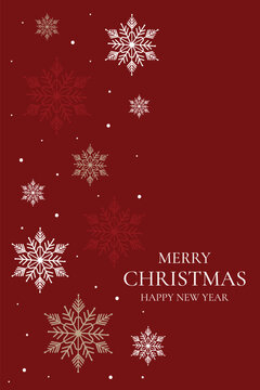 Luxury red and gold christmas greeting card template with scattered falling snowflakes cascade and text space