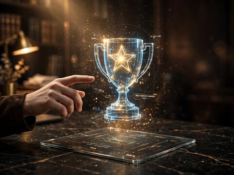 A hand touching a glowing digital trophy hologram with a star on a tablet screen on a dark marble table, representing a service in a dark office