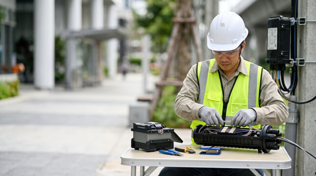 Asian technician routing fiber optic cable into outdoor splice closure, wearing protective gear while working carefully telecommunications.