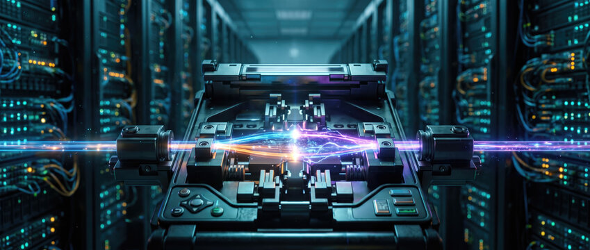 Futuristic data center fiber optic connection with glowing light stream and digital server technology creating dramatic blue atmosphere.