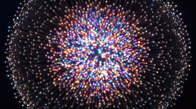 Fiber optic cable bundle, multicolored light, glowing tips, dark background, radial pattern, close up creates vivid display of sparkling color.