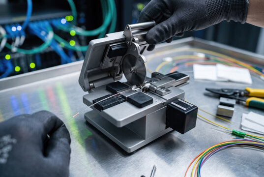 Optical fiber cleaver technician gloved hand cutting fiber optic cable precision tool data center closeup metallic table network equipment.