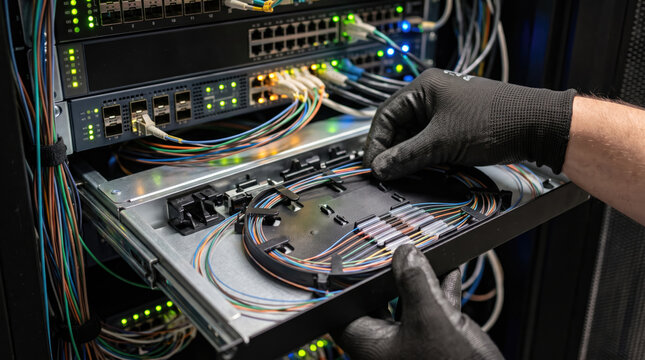 Fiber optic technician routing spliced cable strand in server rack, hands wearing protective gloves while working on network equipment.