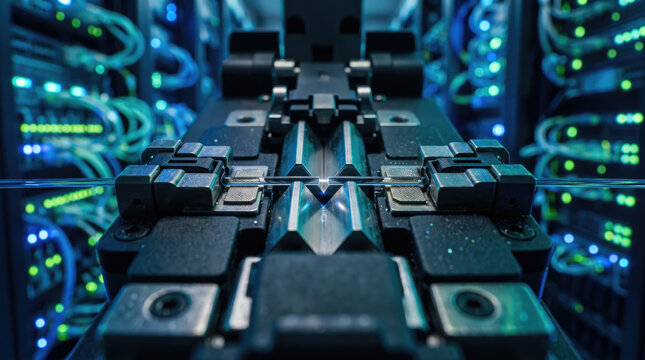 Extreme closeup of fiber optic core alignment inside blue data center, with precision equipment and glowing lights.
