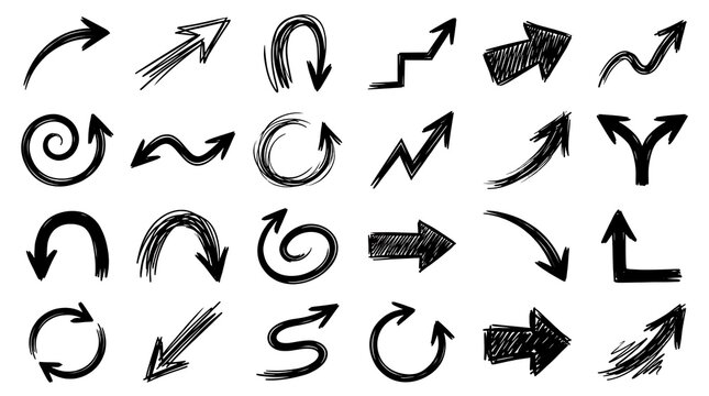 Black charcoal style hand drawn arrows set for rustic design and artistic projects.