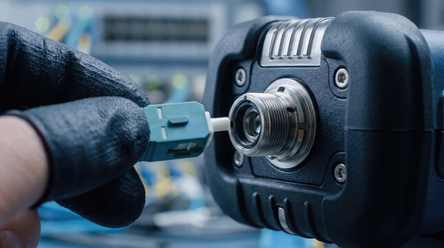 Fiber optic connector optical port gloved hand close up network equipment data connection blue cable precision.