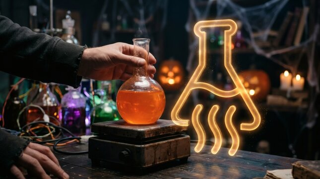 Scientist or Alchemist Holding a Flask of Orange Potion in a Spooky Halloween Laboratory with a Glowing Neon Chemistry Icon and Jack-o-Lantern Background