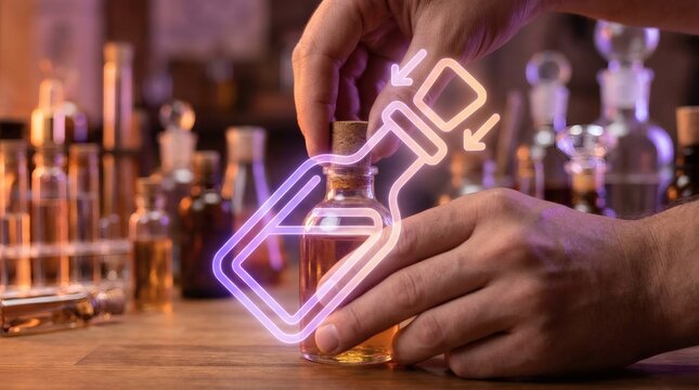 Apothecary hands corking a glass bottle with a neon glowing digital potion overlay in a scientific laboratory setting.