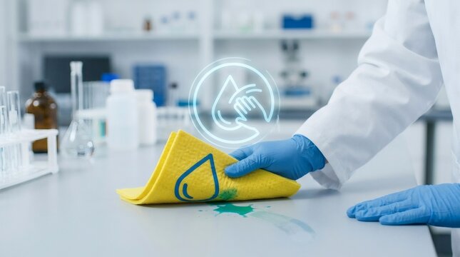 Scientist in a white lab coat and blue gloves cleaning a green chemical spill from a white table using a yellow cloth and safety protocols.