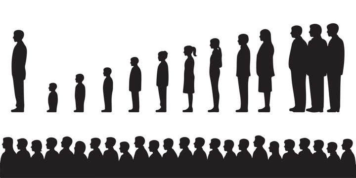 Line of people silhouettes showing height differences and diverse demographics in group waiting scenes.