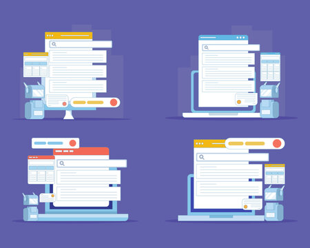 Intelligent web search set with AI-driven answers and automated information discovery, illustrating next-generation search technology in a sleek vector landing page design for digital platforms.