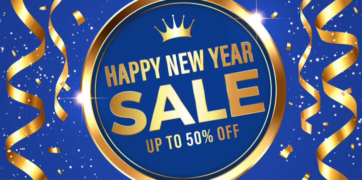 Blue Happy New Year sale banner background with luxury gold crown ribbon and confetti