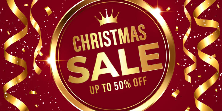 Red Christmas sale banner background with luxury gold crown ribbon and confetti