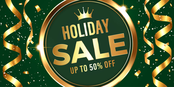 Green Holiday sale banner background with luxury gold crown ribbon and confetti