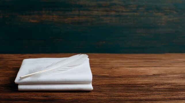 Anti war concept folded white flag with feather on rustic wood table