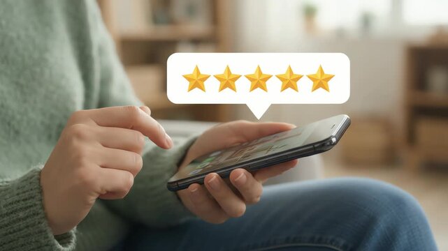 Smartphone displaying a glowing five star rating feedback icon held by a person indoors.